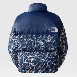 Best The North Face Cropped Nuptse Jakke Til Damer Dusty Periwinkle Water Distortion Small Print-Summit Navy