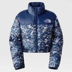 Best The North Face Cropped Nuptse Jakke Til Damer Dusty Periwinkle Water Distortion Small Print-Summit Navy