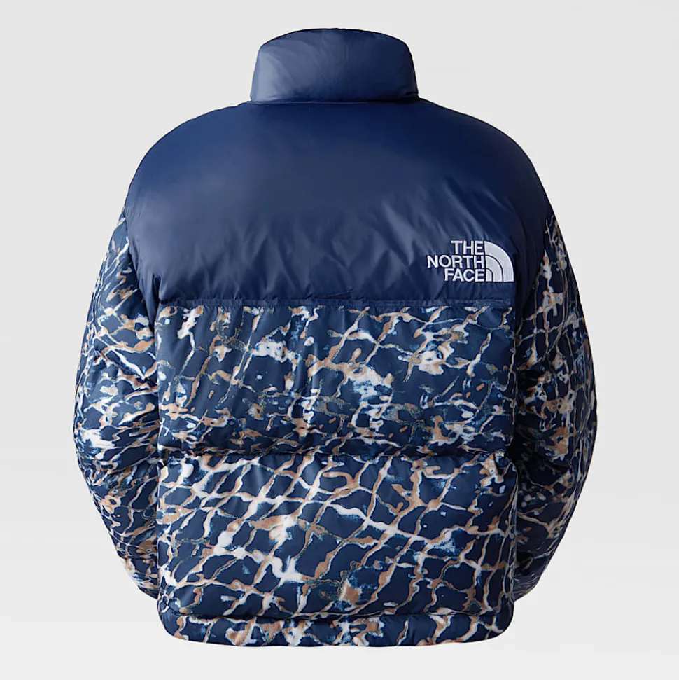 Best The North Face Cropped Nuptse Jakke Til Damer Dusty Periwinkle Water Distortion Small Print-Summit Navy