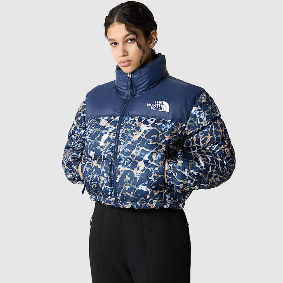 Best The North Face Cropped Nuptse Jakke Til Damer Dusty Periwinkle Water Distortion Small Print-Summit Navy