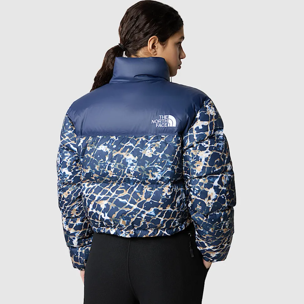 Best The North Face Cropped Nuptse Jakke Til Damer Dusty Periwinkle Water Distortion Small Print-Summit Navy