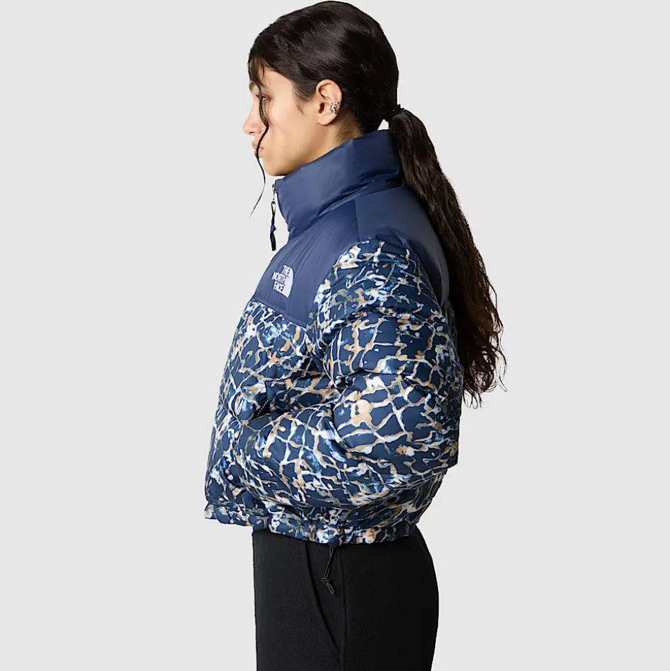 Best The North Face Cropped Nuptse Jakke Til Damer Dusty Periwinkle Water Distortion Small Print-Summit Navy