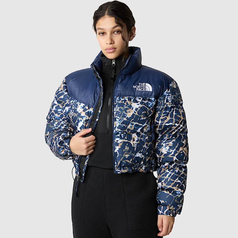 Best The North Face Cropped Nuptse Jakke Til Damer Dusty Periwinkle Water Distortion Small Print-Summit Navy