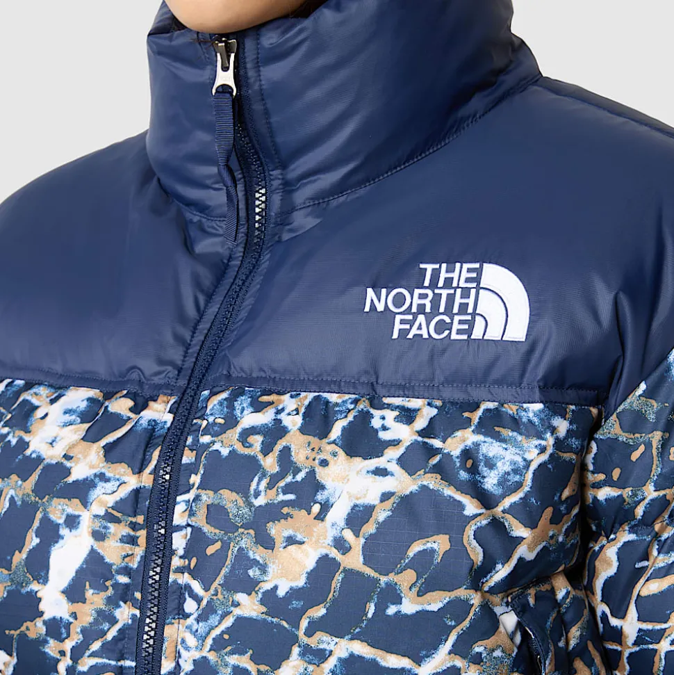 Best The North Face Cropped Nuptse Jakke Til Damer Dusty Periwinkle Water Distortion Small Print-Summit Navy