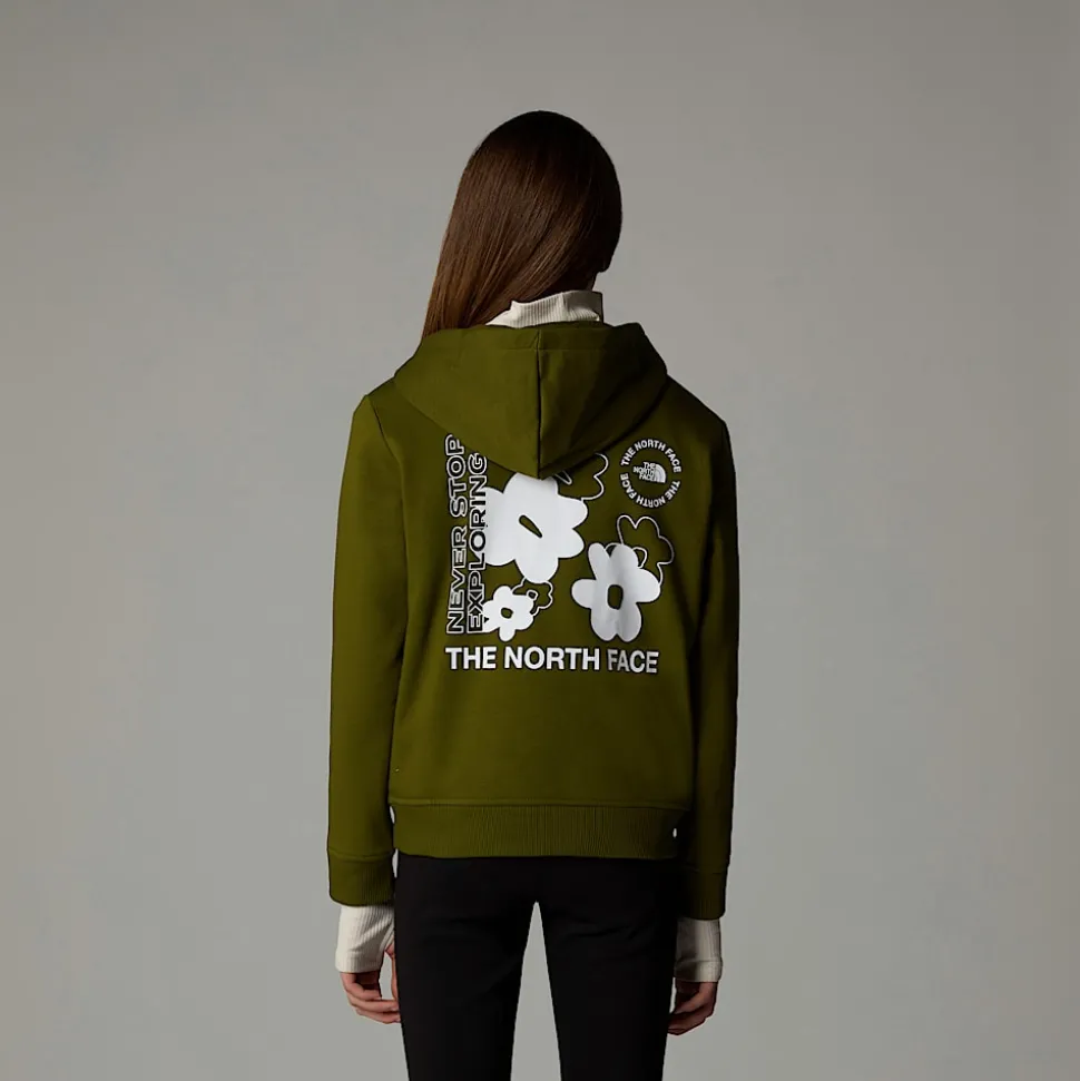 Fashion The North Face Flower Graphic Relaxed Hættetrøje Til Piger Forest Olive