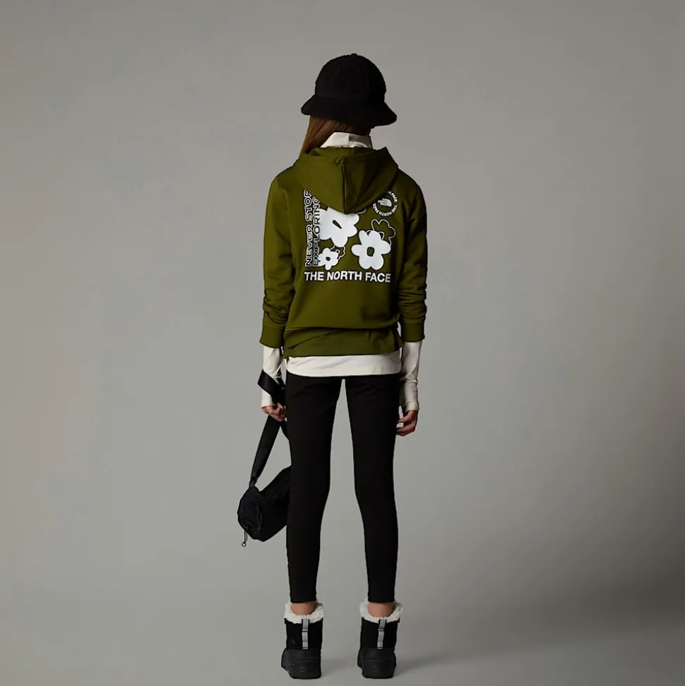 Fashion The North Face Flower Graphic Relaxed Hættetrøje Til Piger Forest Olive