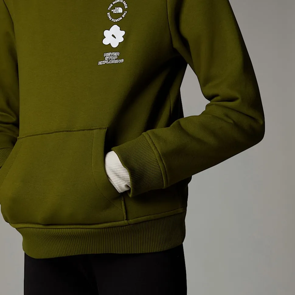 Fashion The North Face Flower Graphic Relaxed Hættetrøje Til Piger Forest Olive