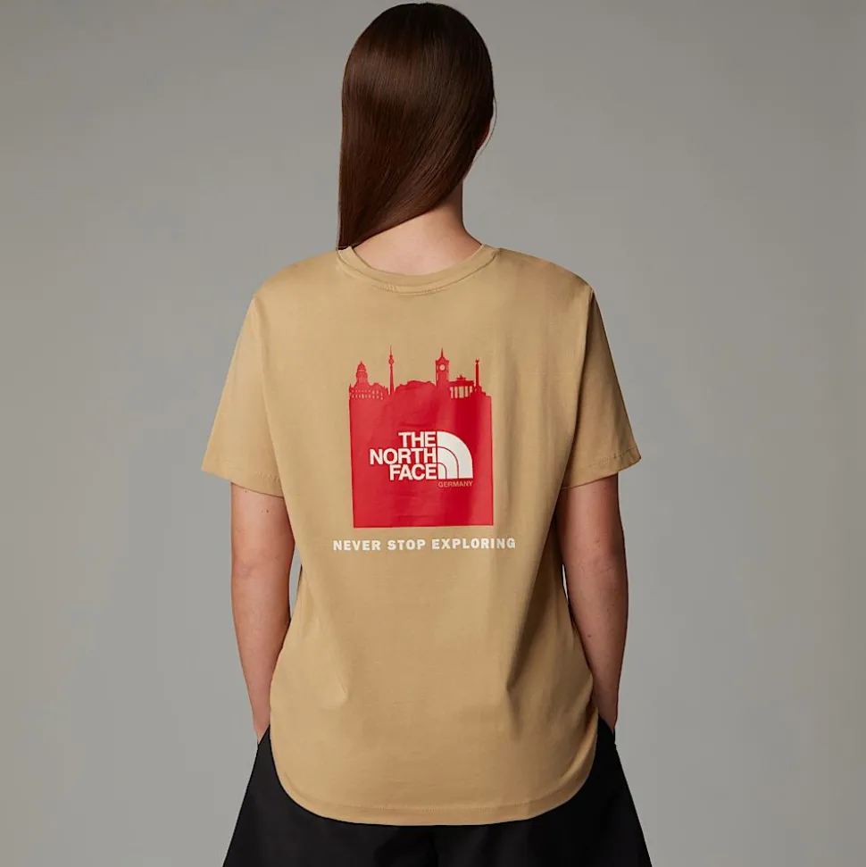 New The North Face Germany Redbox T-shirt Til Damer Khaki Stone - TNF Red - White Dune