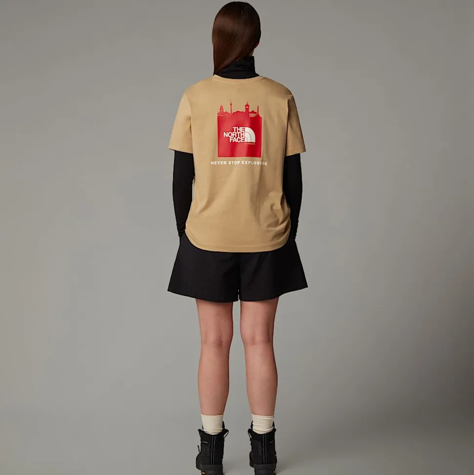 New The North Face Germany Redbox T-shirt Til Damer Khaki Stone - TNF Red - White Dune